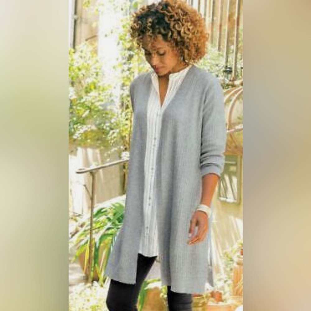 Soft Surroundings Grey Metallic Ribbed Long Duster Shelby Cardigan Size L